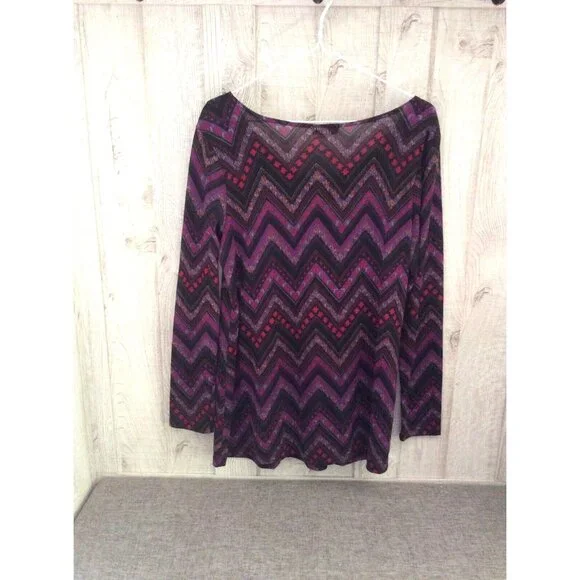 Perseption Women L Black Purple Shirt Zigzag Print Beaded Rhinestones Career - Picture 2 of 6